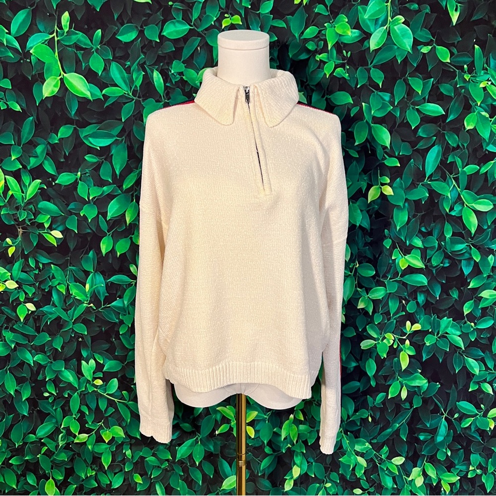 UO White Chenille Collared Half-Zip Sweater w/ Blue & Red Arm Stripes (Med)